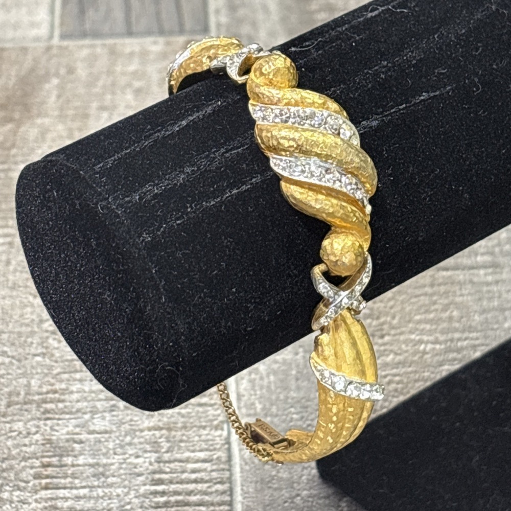 Vintage BSK Rhinestone Bracelet Sectional Brushed Gold Tone 6.5"